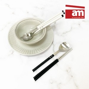 [백화점브랜드 ] am 2인 세트 1+1 이태리 am 모나미 수저세트 사각 수저 젓가락 집들이 선물 커트러리, 1세트, 수저+젓가락, 바닐라+핑크