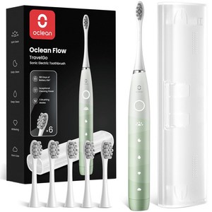[정식수입 국내AS] 오클린 Oclean Flow 음파전동칫솔본체+칫솔모 6개+휴대케이스 1년 2번만 충전 분당 76000회 IPX7방수, ECO TRAVEL GO, 1세트, 그린