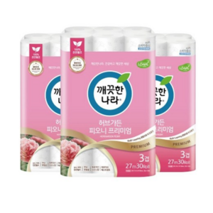 [깨끗한나라] 허브가든 피오니 프리미엄 화장지(3겹) 30롤 x 3팩, 3개