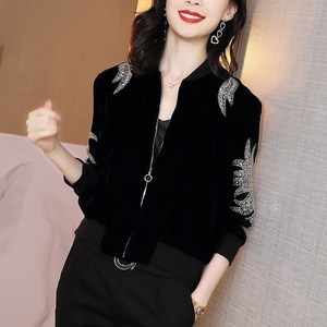 용태원 여성 골드 벨벳 숏 점퍼 스팽글 블랙 코디 루즈핏 야구점퍼