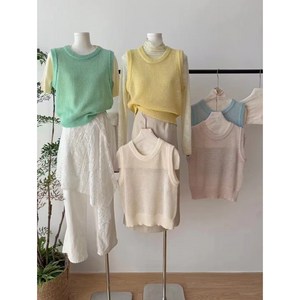 파스텔 칼라 그물 나시 라운드넥 민소매 니트 탑 코드니 봄 여름 여성 레이어드 조끼