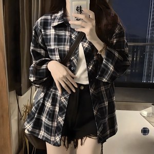 LALABELLE 여성용 셔츠 베이직 카라넥 체크 레이어드 캐쥬얼 데일리 셔츠 남방