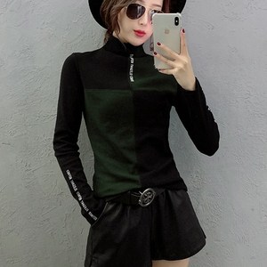 여성 목폴라 쫄티 반반 배색 니트 폴라 긴팔 티셔츠 - 755