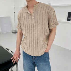 남성 여름니트 꽈베기 헨리넥 반팔 니트 4colo