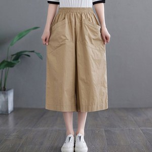 POMTOR 여성 여름 캐주얼 중년 엄마 슬랙스 7부 팬츠 허리밴딩 빅포켓 바지 와이드팬츠