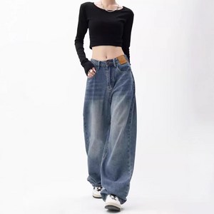 여성 사이드폴딩 빈티지 와이드 청바지 힙합 봄철 스판 청바지