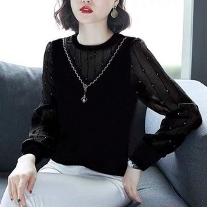 슬림소녀 중년 여성 봄 여름 캐주얼 레이스 망사 긴팔 라운드넥 티셔츠 상의