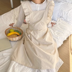 쿠텐퍼 에이프런 공방 카페 플로리스트 원피스 롱 앞치마, 1개, 로맨틱 프릴, 베이지