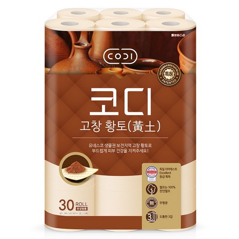 코디 천연펄프 3겹 고창 황토 롤화장지, 30m, 30개입, 1개