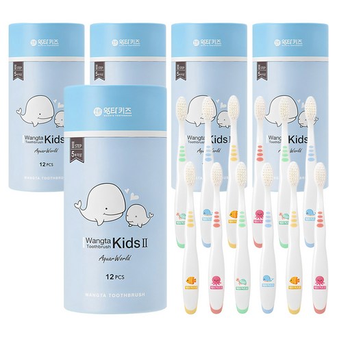 왕타 아쿠아월드 2호 어린이 칫솔, 혼합색상, 12개입, 5개