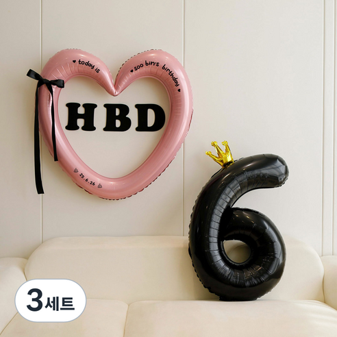 피앤비유니티 HBD 하트링 리본풍선 세트, 05-6 핑크앤블랙 6, 3세트