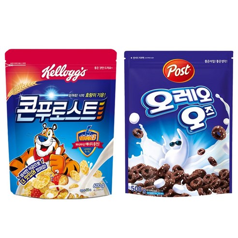 시리얼 2종 켈로그 콘푸로스트 600g 1개 + 포스트 오레오 오즈 500g 1개 천지물산, 1세트, 1.1kg