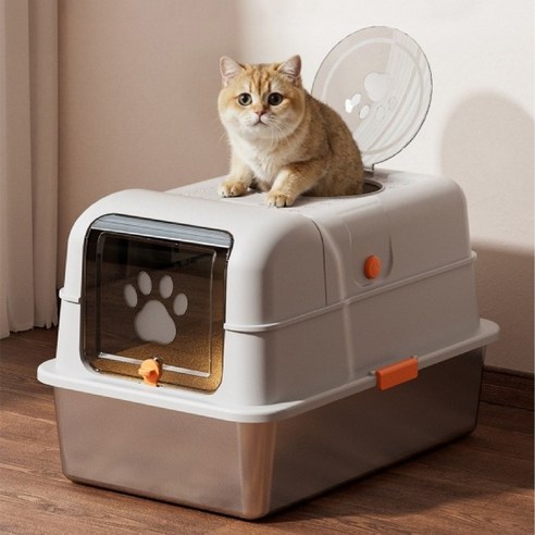 스텐 네모 잠수함 화장실 고양이 후드형 화장실 대형, 1개, 다크그레이