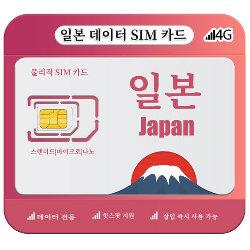 일본유심, 4G/5G LTE 고속 데이터, 1개, 일 ~2GB, 12일