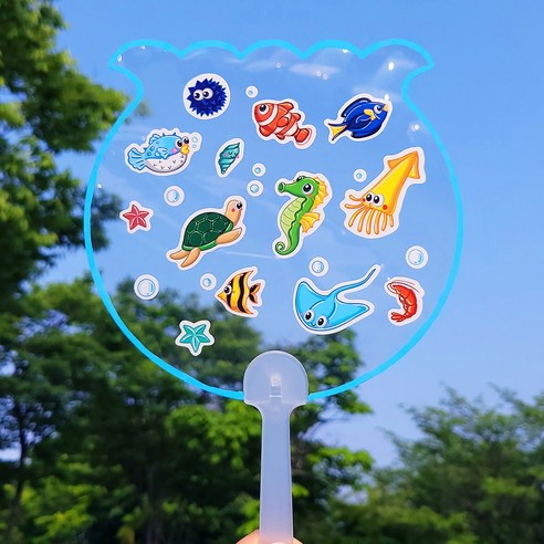 오렌지몰 여름 투명 부채 만들기 키트 여름 과일 바다 물고기 스티커 누름꽃 압화 10인세트, 10개, 바닷속 친구들 스티커 투명 부채 만들기 - 어항