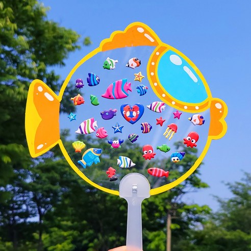 오렌지몰 여름 투명 부채 만들기 키트 여름 과일 바다 물고기 스티커 누름꽃 압화 10인세트, 10개, 여름 EVA 스티커 투명 부채 만들기 2 - 물고기