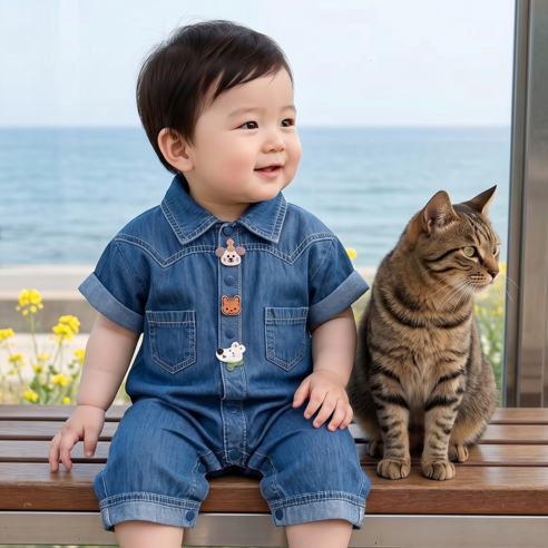 몽실이 애니멀 버튼 데님 반팔 우주복