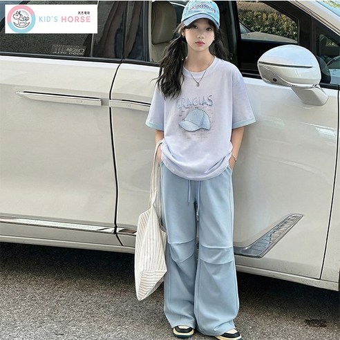 키즈목마 여아용 여름 반팔 티셔츠 세트 초등학생 주니어 아동 상하복 캐주얼 팬츠 889