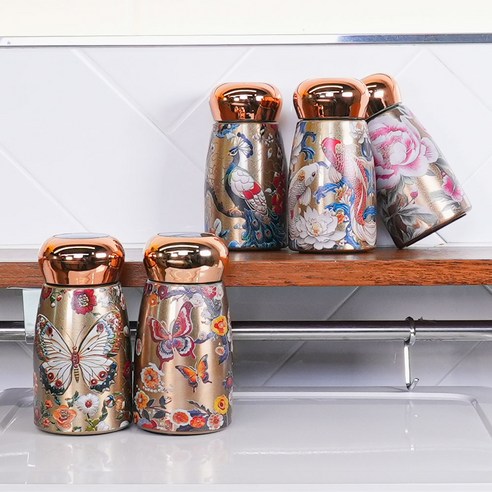 이즈락 더 퀸즈 뷰티 보온보냉 온도표시 스마트 뷰티 스테인리스 보온병 1+1, 2개, 230ml, 호랑 나비와 꽃