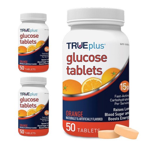 TRUEplus 포도당 정제, 츄어블, 포도 맛, 빠르게 작용하는 탄수화물 15g, 지방 프리, 글루텐 프리, 저혈당 증가 및 에너지 향상, 50개, 3병