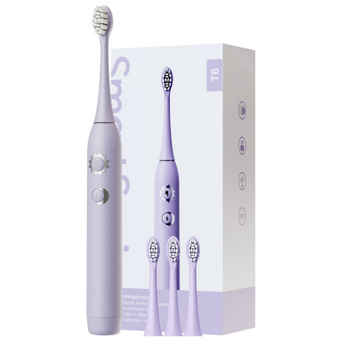 SmartSonic+ T6 음파 전동칫솔 + 칫솔모 4개 이중 모드 아침/저녁 사용, 1개, 자주색, T6