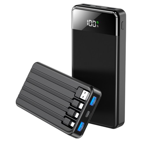 일체형 보조배터리 고속충전 30000mAh 대용량 PD 22.5W QC3.0 잔량표시+ 4개 케이블 멀티단자, 블랙, N6