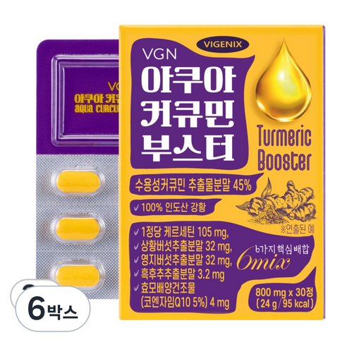 [웰스앤헬스] 비제닉스 아쿠아 커큐민 부스터 수용성 강황 퀘르세틴 코엔자임Q10 (800mg), 6박스, 30정