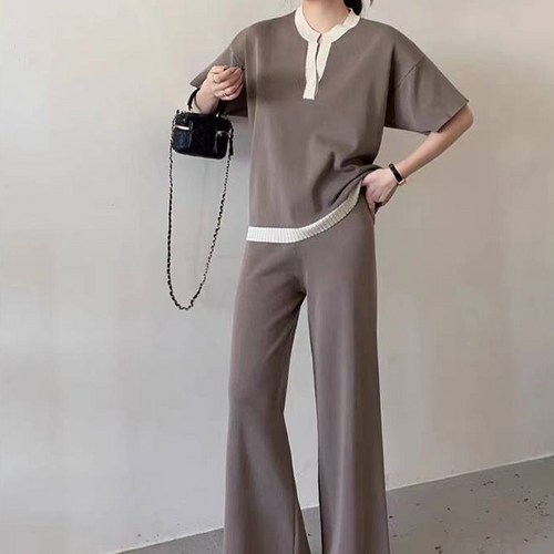 비비에모 심플미니멀 배색 반소매 니트 슬렉스 셋업 투피스 세트 03342