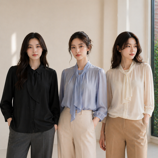 여성 간절기 쿨 터치감 하객룩 쉬폰 스카프넥 블라우스 3종RDSFB037