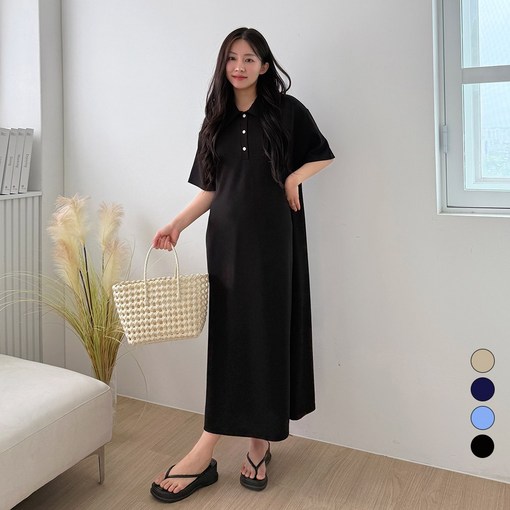 디테일웨어 여성 카라넥 단추 포인트 링클프리 원단 무지 플레어 반팔 롱원피스 빅사이즈 임부복 구김없는 오버핏 원피스