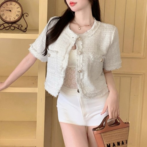 믹스블링 노카라 트위드 여성 자켓 반팔 여름 정장 아우터 크롭