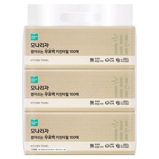 모나리자 뽑아쓰는 무표백 키친타올, 100개입, 3개