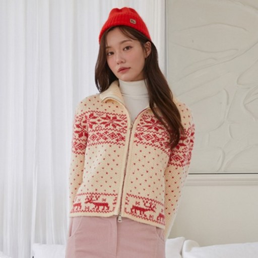 플라스틱아일랜드 여성용 노르딕 자카드 집업 보온가디건 PR4KG631