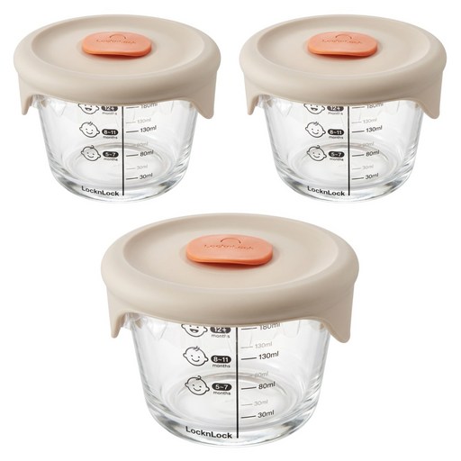 LocknLock 樂扣樂扣 GLASS 副食品圓形保鮮盒 透氣孔蓋款, 230ml, 淺粉色, 3個