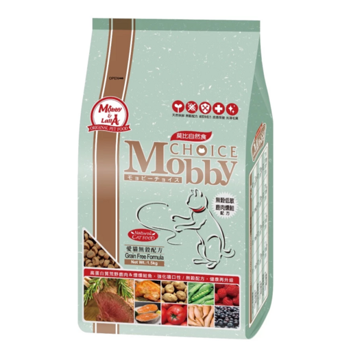 Mobby 莫比 全齡貓 愛貓無穀配方 乾飼料, 1袋, 1.5kg, 鹿肉 + 煙燻鮭魚