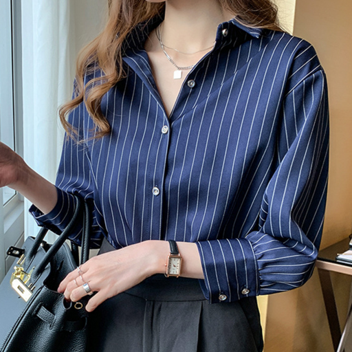 NUNUHANA 여성 긴팔 스트라이프 셔츠