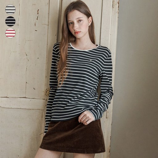 게스진게스 OP3K5422 여성 네크 배색 스트라이프 긴팔 티셔츠