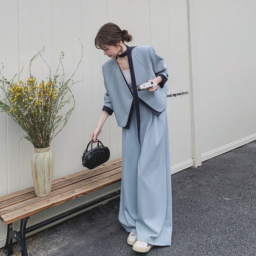 AOKADA 여성 봄 가을 루즈핏 브이넥 캐쥬얼 자켓 와이드 팬츠 정장 세트 수트 셋업