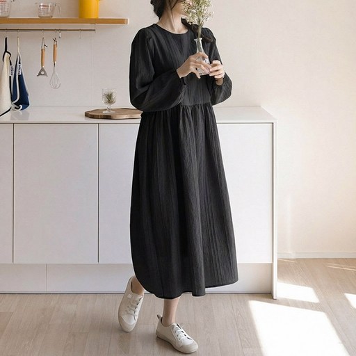 데일리앤 세르네 링클 끈 루즈핏 봄 원피스 셔링 퍼프 소매 롱원피스 하객룩