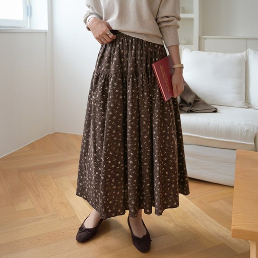 데일리앤 페레스 플라워 셔링 주름 밴딩 플레어 롱 스커트 가을 A라인 꽃무늬 치마