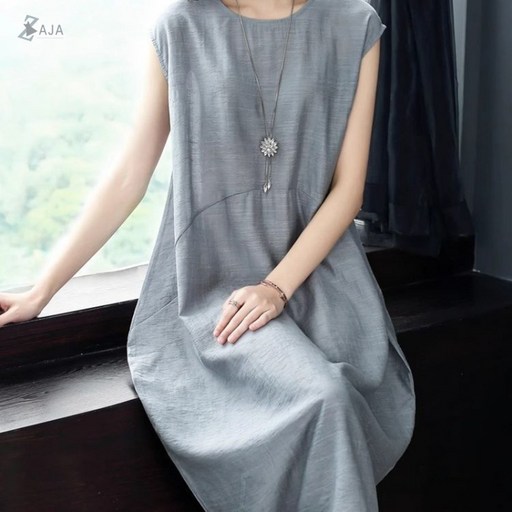 ZAJA 여성 여름 반팔 롱 원피스 루즈핏 심플 베이직 데일리 캐주얼 원피스