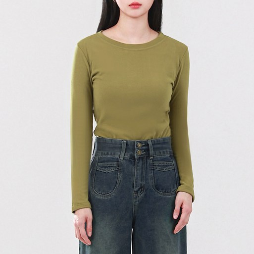 엘쏘 여성용 피치 소프트 루즈핏 베이직 라운드넥 무지 긴팔 티셔츠