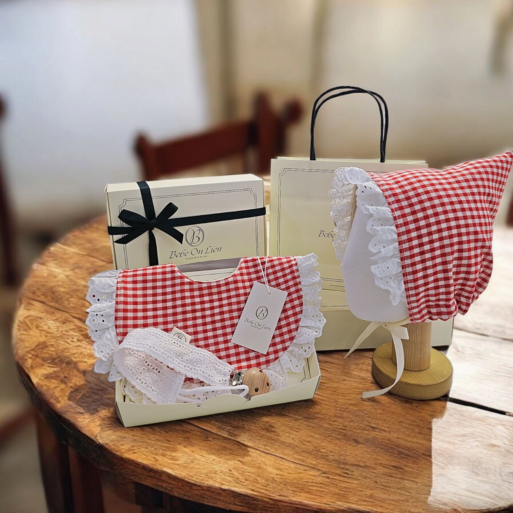 아기선물추천빈티지 체크 턱받이보넷쪽쪽이클립