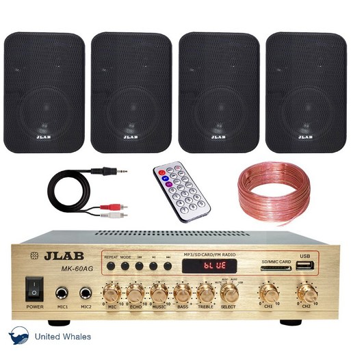 JLAB 블루투스 매장용 카페 매장 앰프 스피커 MK60AG 4인치 블랙 4통 벽걸이 스피커 투명케이블 RCA 선