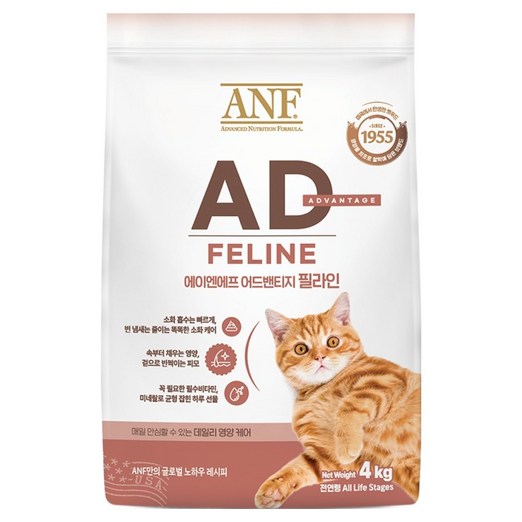 ANF 전연령 고양이 AD 어드밴티지 필라인 건식사료, 4kg, 1개, 소