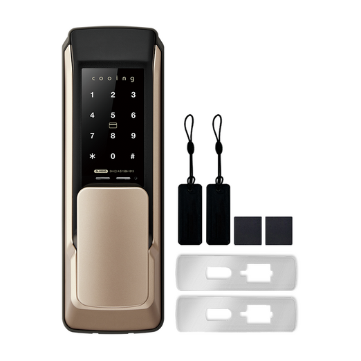 쿠잉 무타공 푸시풀 디지털 도어락 본품보강판 세트, DLD02GD, 방문설치