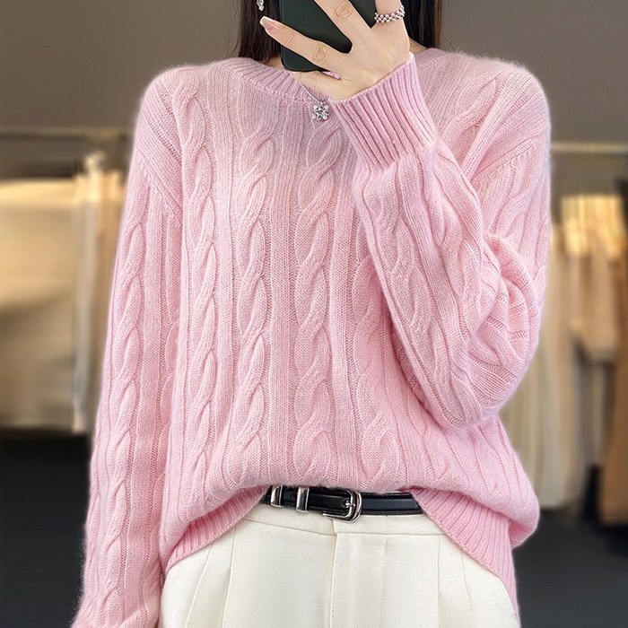 스타일아유 양모100 여성 가을겨울 캐주얼 라운드넥 꽈배기 패턴 보온 편안한 기본 심플 통근니트 KN2223