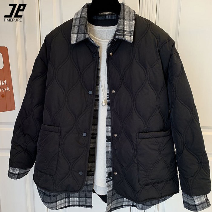 여성용 오버핏 두꺼운 패딩 점퍼 체크 셔츠 패딩 빈티지 레이어드 디자인 가을 겨울