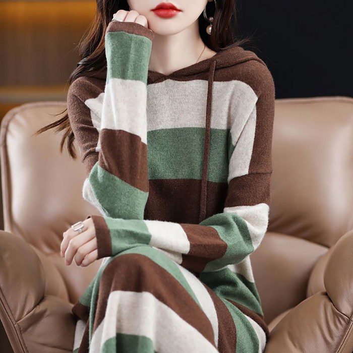 지고다그 여성 가을겨울 스트라이프 니트 후드 원피스 루즈핏 중장기장 데일리룩 ZXC43113