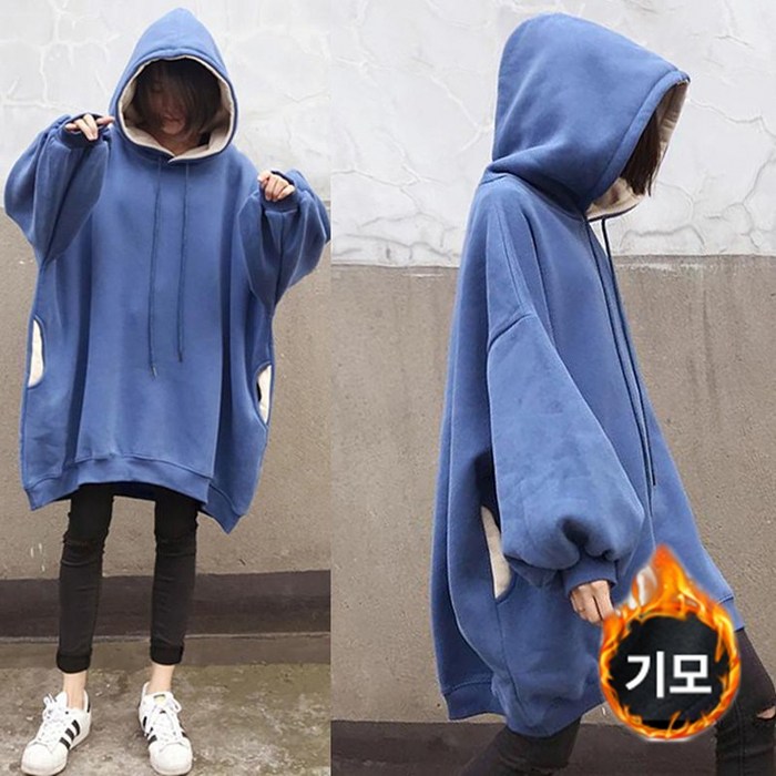 빅사이즈 기모 후드티 오버핏  따뜻한 아우터 맨투맨 롱 티 간절기 원피스 캐주얼 긴팔 티셔츠 D88U
